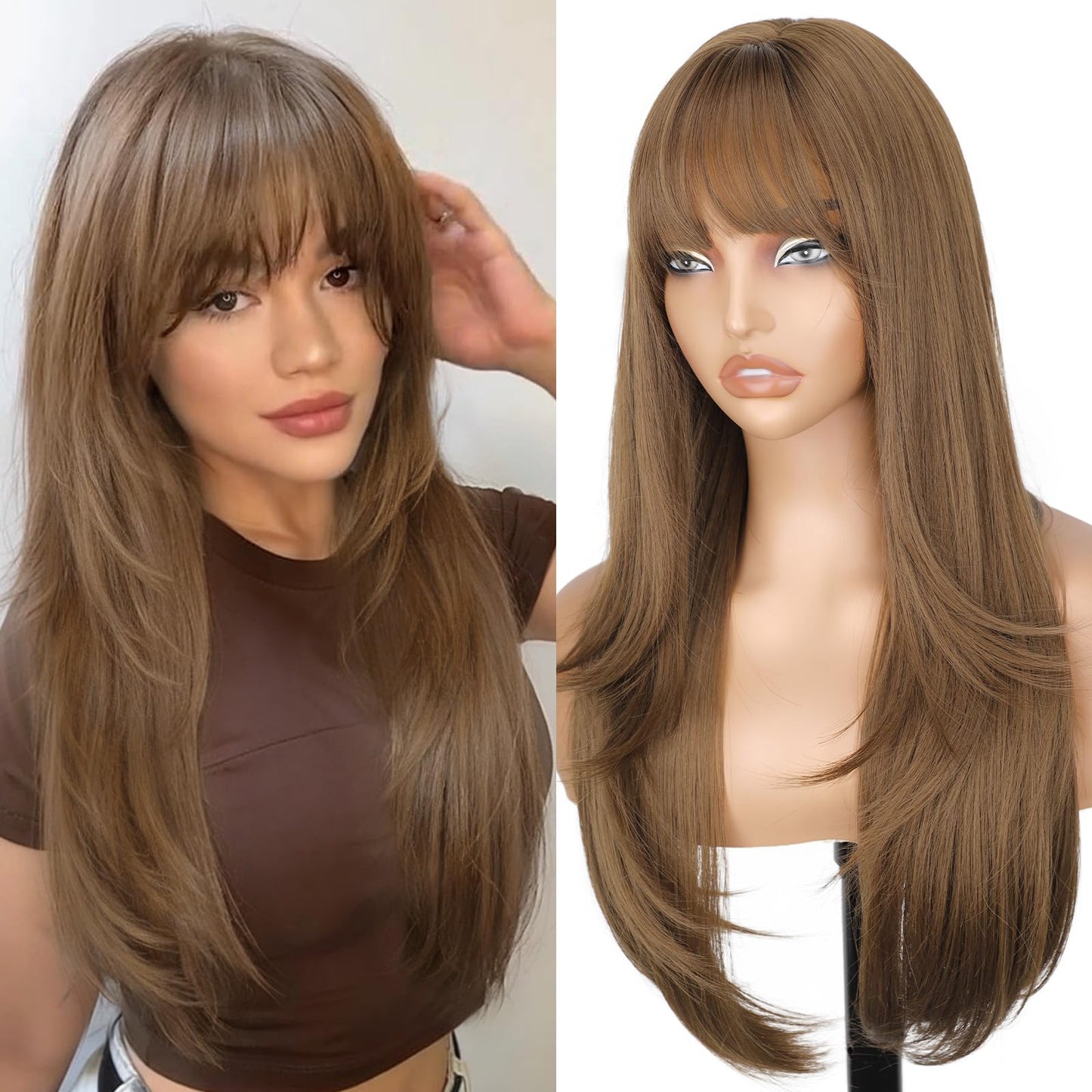 26" Long Layered Wig for Women with Bangs | Realistic Scalp | Freestyle Parting | Heat-Resistant Synthetic Hair