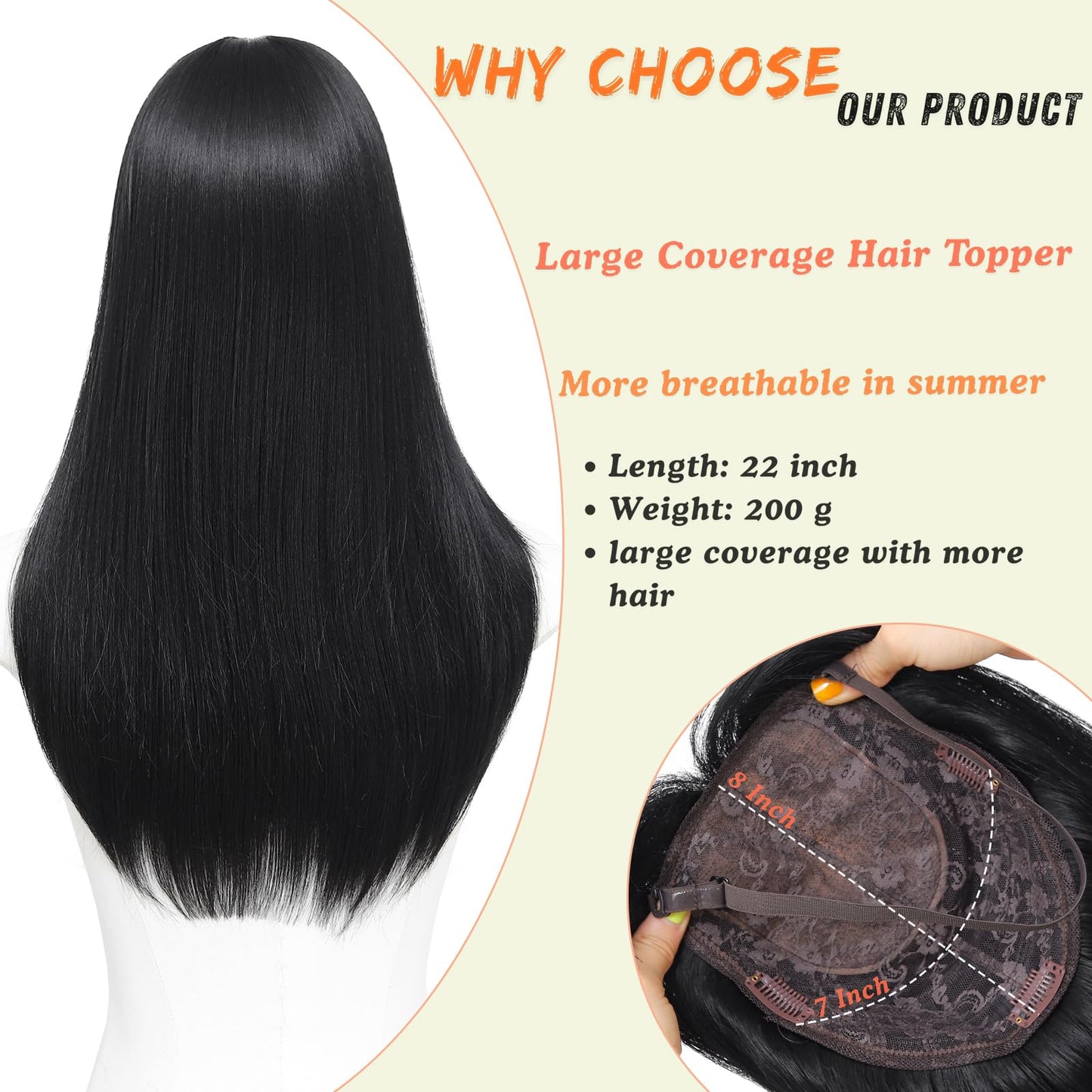 Hair Topper,360° 3D Hair Toppers for Women with Thinning,7"X 8" Large Base 22 Inch Long Layered Synthetic Wig with Bangs for Daily Use
