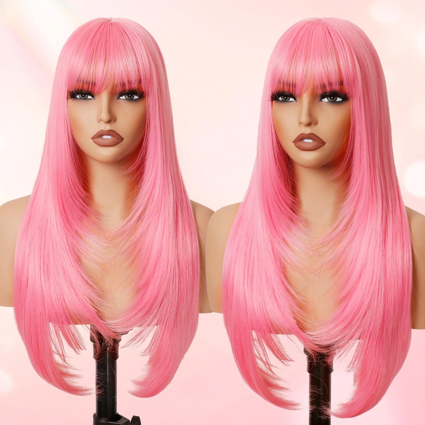 Long Straight Layered Wig with Bangs for Women