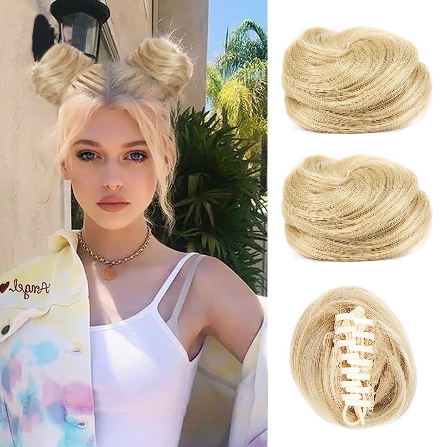 2PCS Mini Claw Clip in Hair Bun Messy Cat Ears Hair Bun Extension Synthetic Donut Wig Accessory Ponytail Hair Extensions Thick Updo Space Bun Hair Pieces for Women Girls