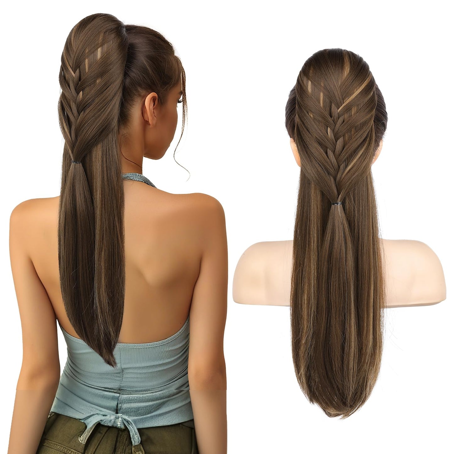 Ponytail Extension, 20 Inch Long Braid Drawstring Clip in on Ponytail Hair Extensions Synthetic Hairpiece for Women