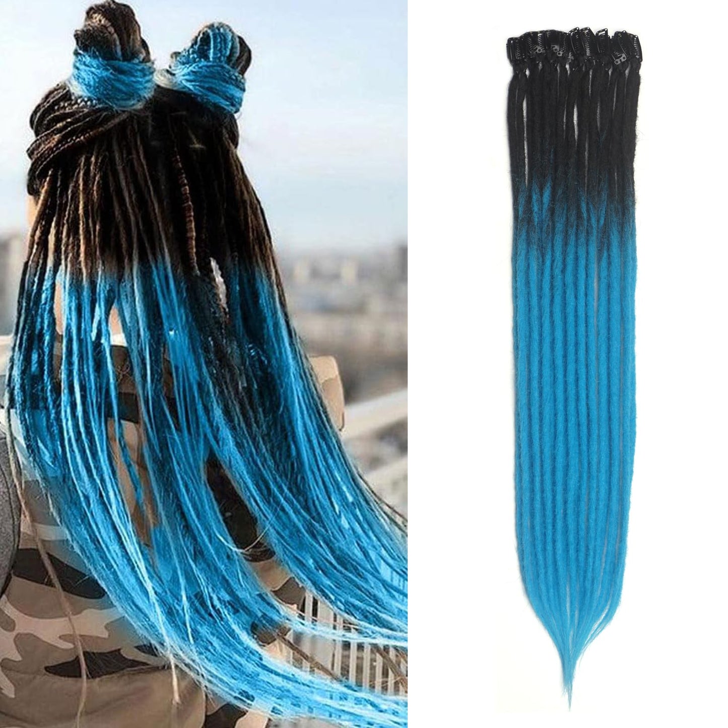 Clip In Dreadlock Hair Extensions, 24 inch Curly Dreads with Box Braid Wavy Synthetic Boho Dreads Extensions