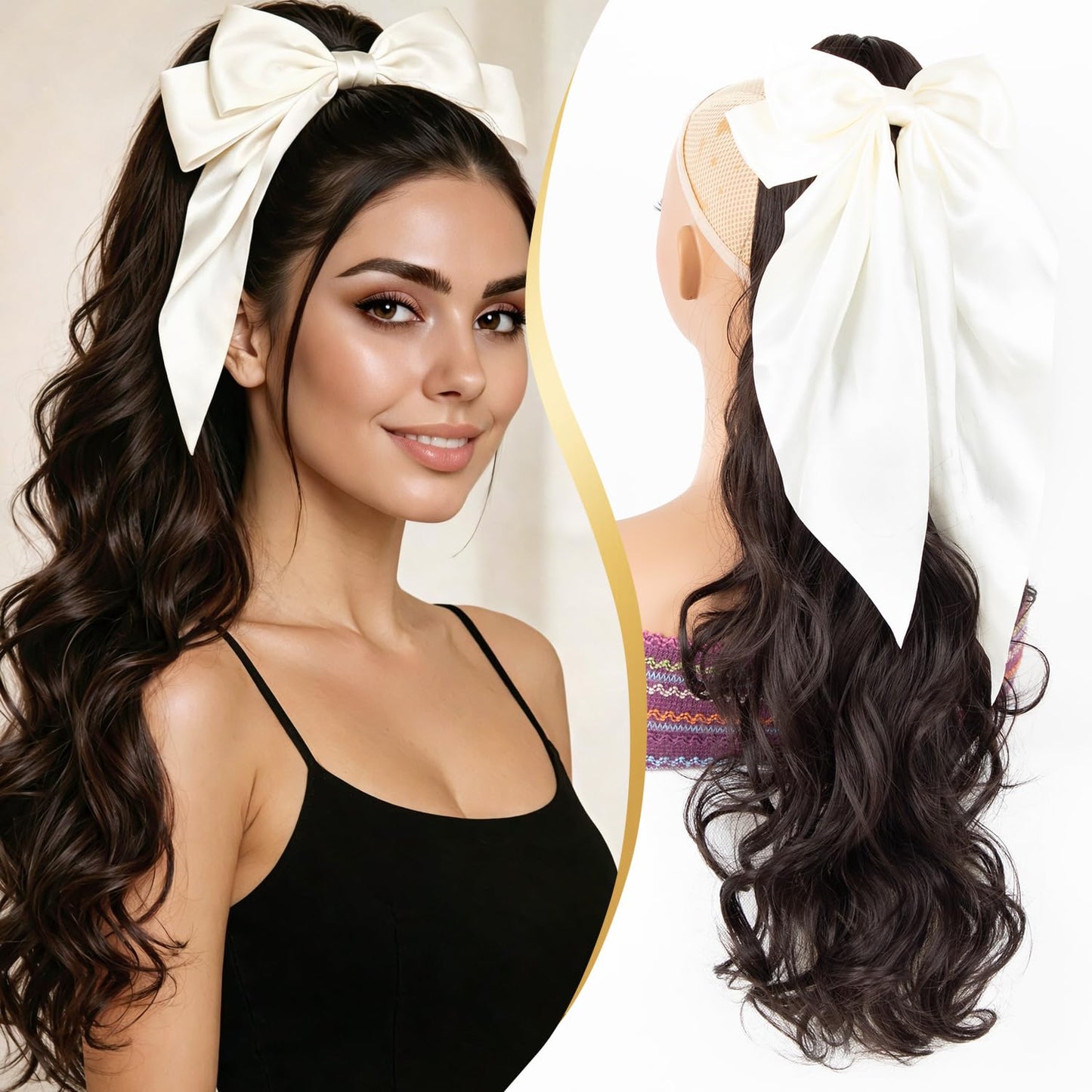24 Inch Claw Clip in Ponytail Extension with 2 Pcs Hair Bows