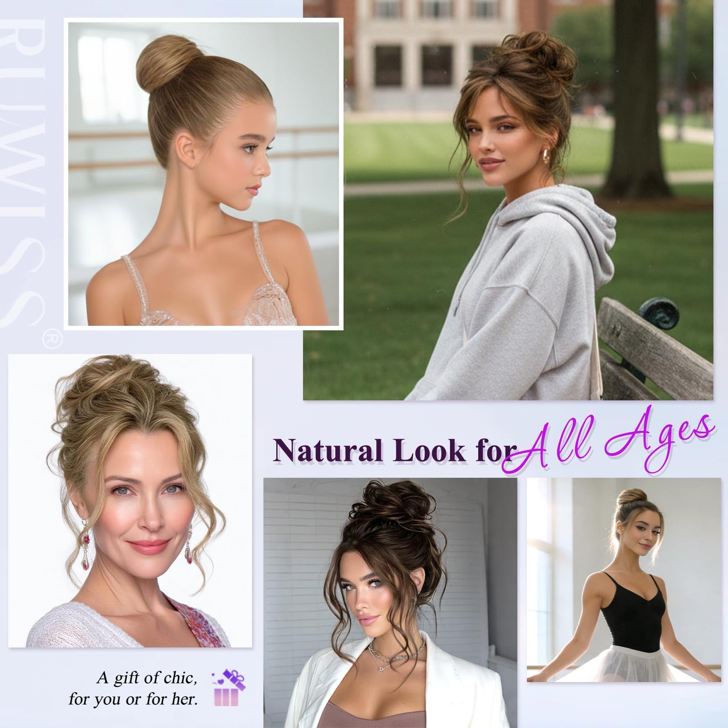 Small Messy Bun Hair PieceHair, One Hairpiece Two Styles Mini Natural Looking Scrunchies Updo for Daily, Hair Buns for Women Ponytail (2PCS, Dark Brown with 15% Dark Cocoa Blonde)