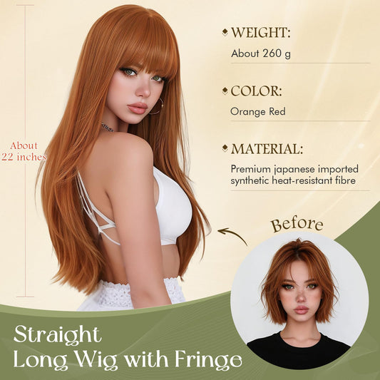Wig with Bangs, 24 Inch Long Straight Wigs for Women, Heat-Resistant Synthetic Fibre Wigs for Daily Commuting Dates Holidays Cosplay