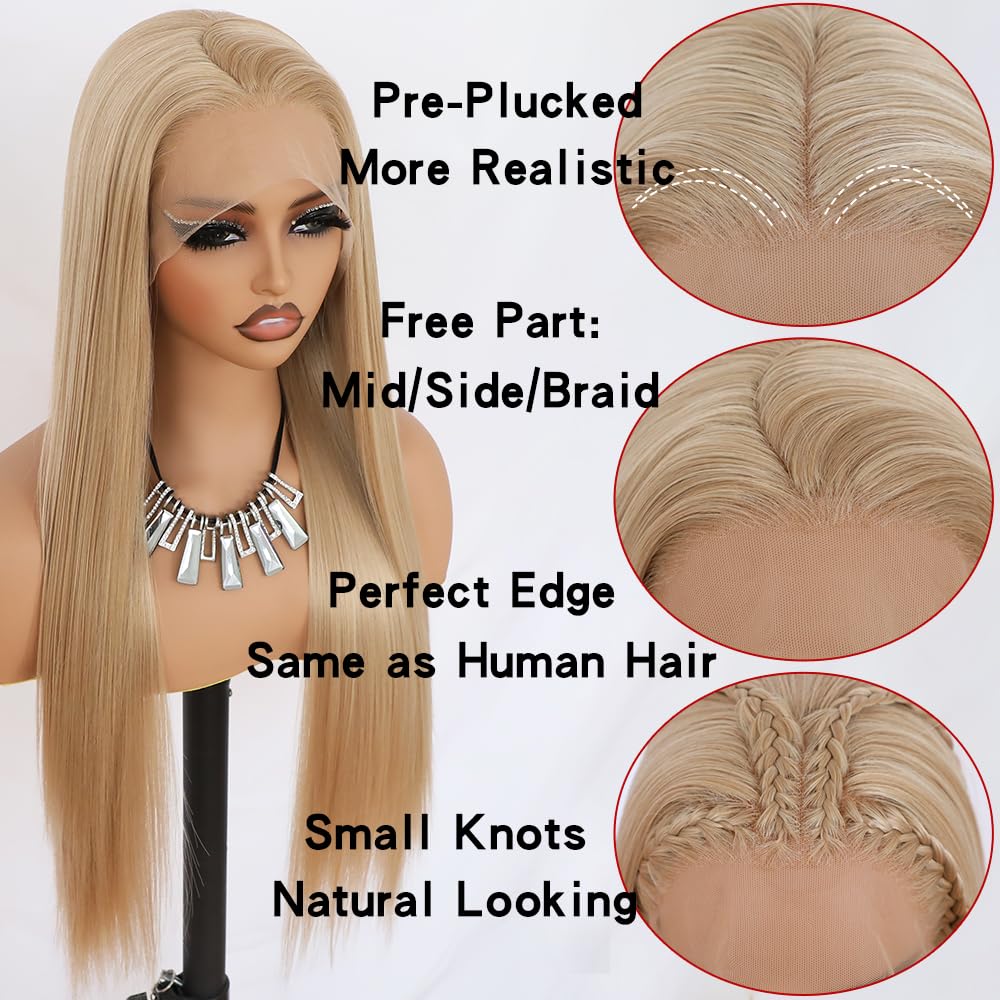 Long Straight Blonde Lace Front Wig Pre Plucked Hairline Glueless Hair Golden Synthetic Lace Front Wig for Women
