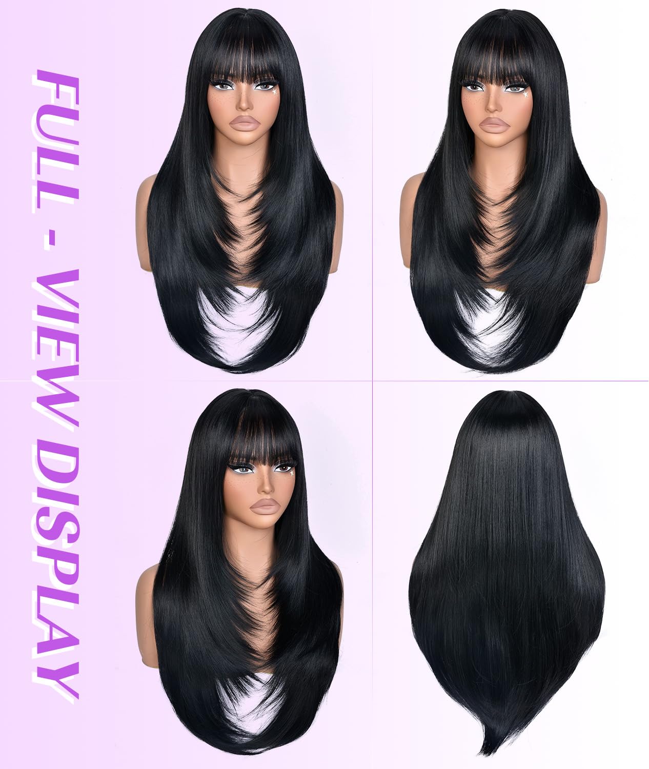Long Layered Wig with Bangs for Women Synthetic Heat Resistant Realistic Scalp Free Parting Bang Wigs for Daily and Party Use