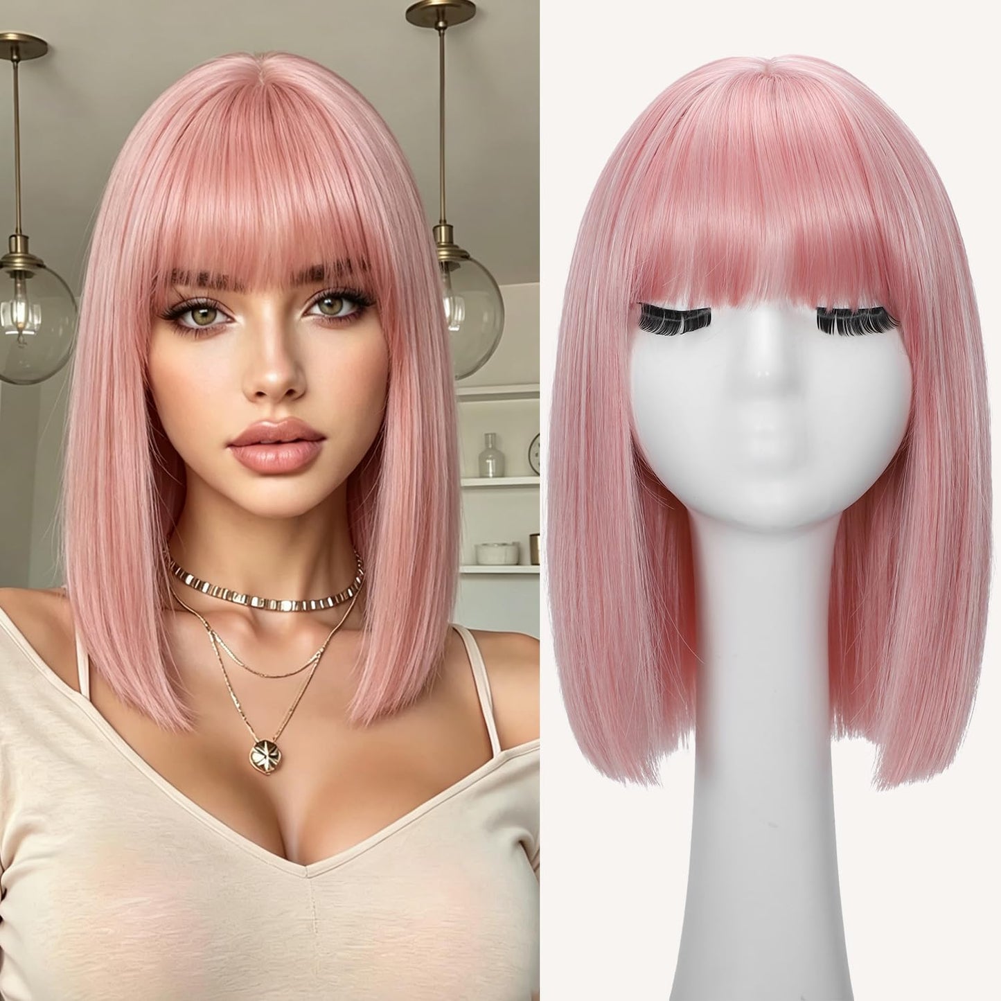 Bob Wig With Bangs Short Straight Wigs for Women 14 Inch Bob Shoulder Length Wigs Heat Resistant Fiber Synthetic Hair for Daily Party Cosplay Colorful Wigs
