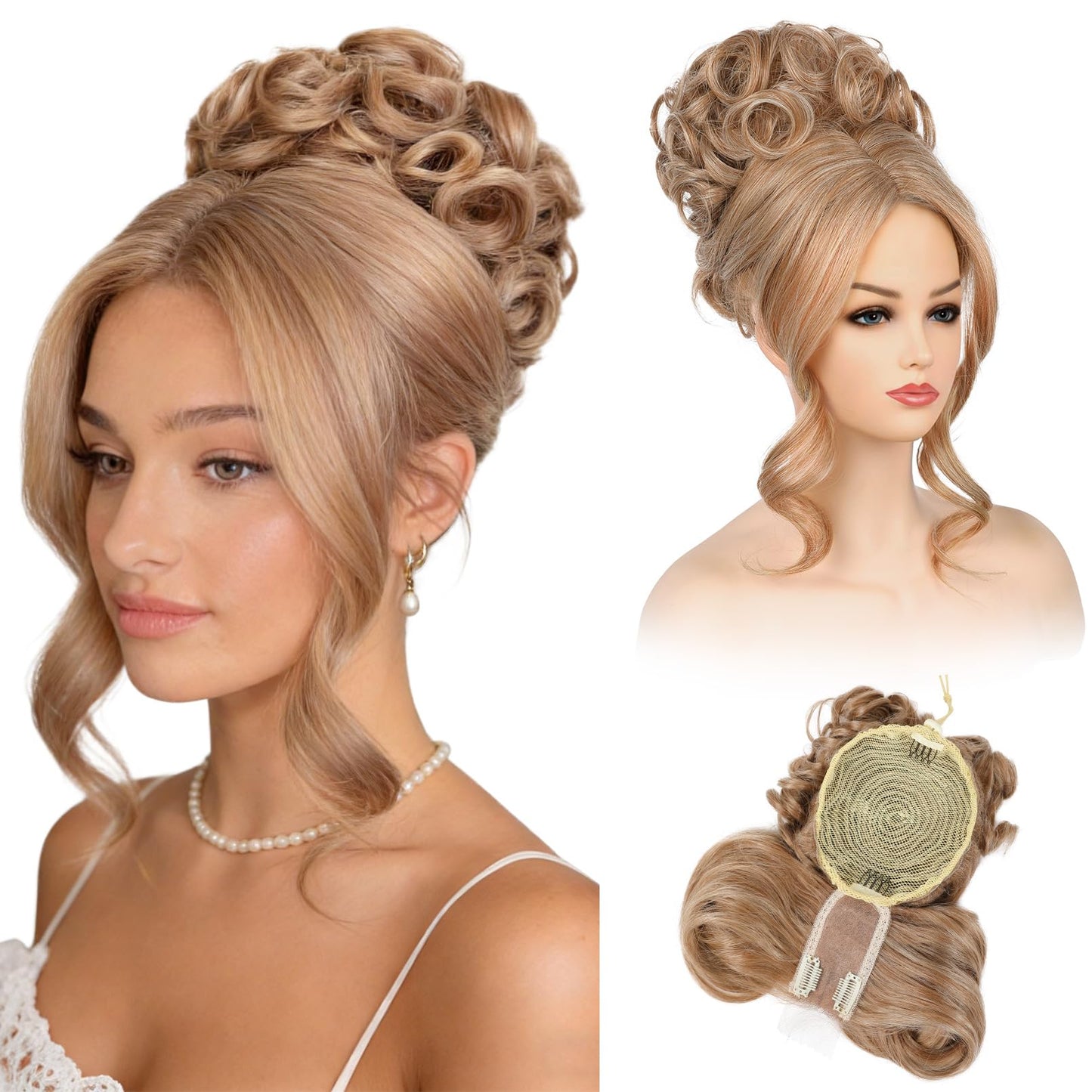 Bun Hair Piece with Bangs - 2-in-1 Hair Bun Hairpieces Curly Updo Wig & Hair Topper with Long Side Bangs Natural-Looking Drawstring Ponytail Extension for Women