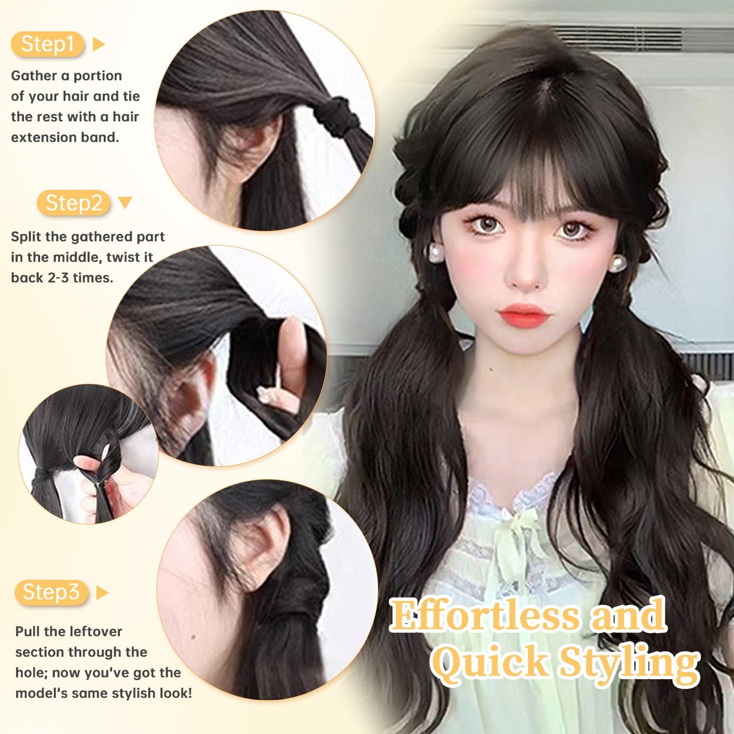 2PCS Curly Ponytail Extension with Hair Tie Hair Natural Wig Elastic Band Wave Fake Ponytail Wigs Accessories for Women Daily 17 Inch