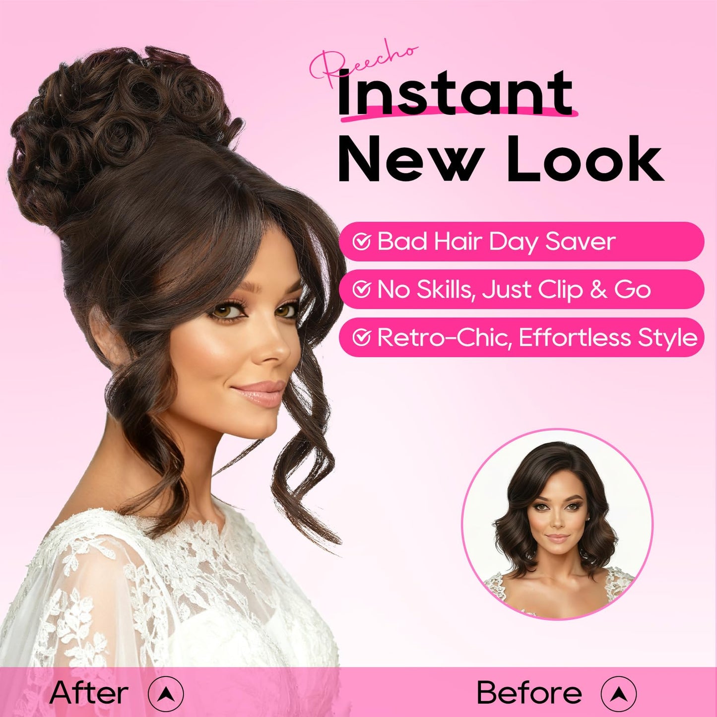 Bun Hair Piece with Bangs - 2-in-1 Hair Bun Hairpieces Curly Updo Wig & Hair Topper with Long Side Bangs Natural-Looking Drawstring Ponytail Extension for Women