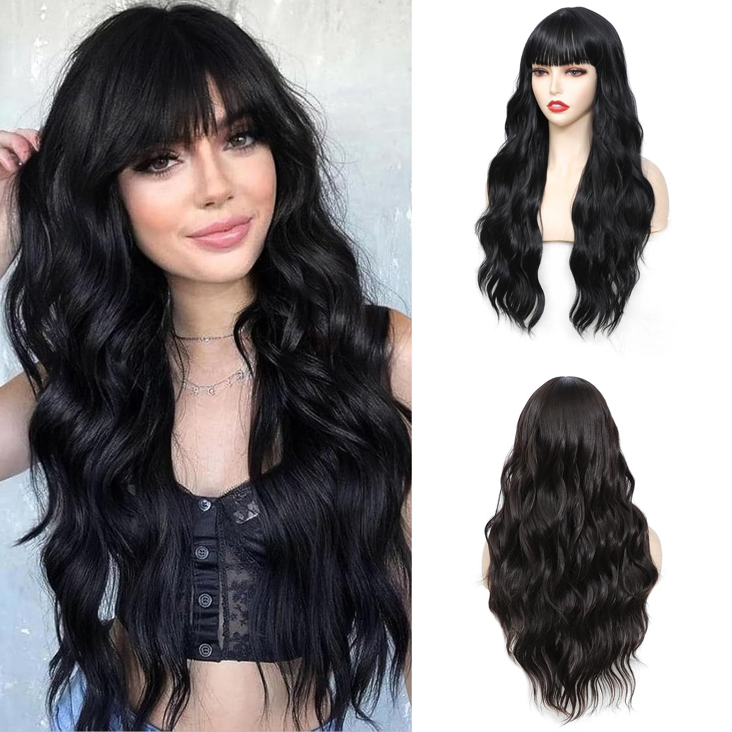 Wig With Bangs Long Wavy Curly Wig with Synthetic Heat Resistant Wigs for Women Daily Party Use