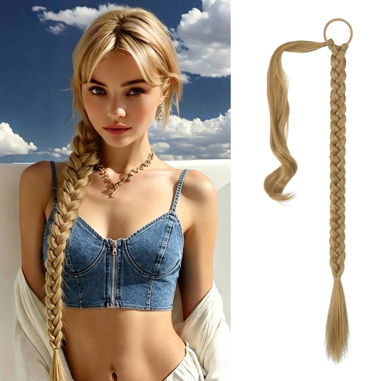 Long Braid Ponytail Extension with Hair Tie Straight Sleek Wrap Around Hair Extensions Synthetic Hair Piece Braid Pony Tail Fluffy Natural Soft Hairpieces for Women Daily Wear