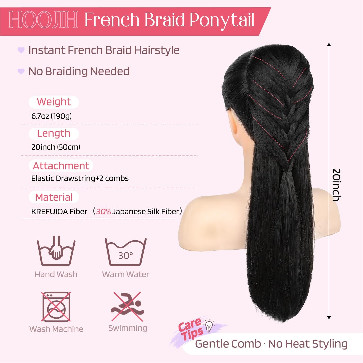 Ponytail Extension, 20 Inch Long Braid Drawstring Clip in on Ponytail Hair Extensions Synthetic Hairpiece for Women