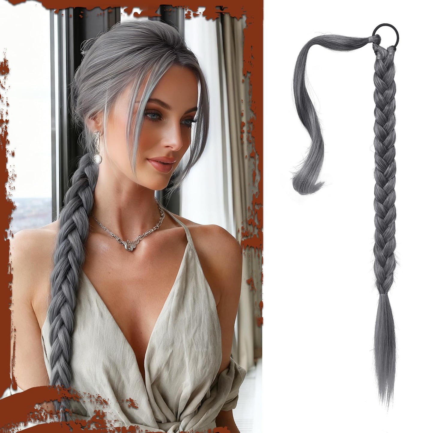 Long Braid Ponytail Extension with Hair Tie Straight Sleek Wrap Around Hair Extensions Synthetic Hair Piece Braid Pony Tail Fluffy Natural Soft Hairpieces for Women Daily Wear
