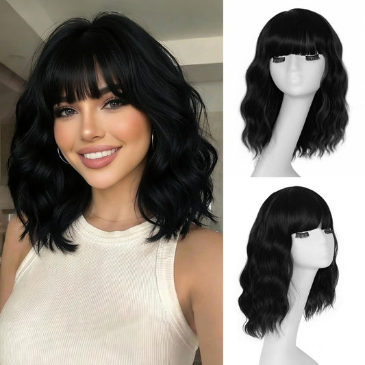 12" Synthetic Hair Short Wavy With Bangs,Short Bob Wig Made Of Quality Synthetic Fiber