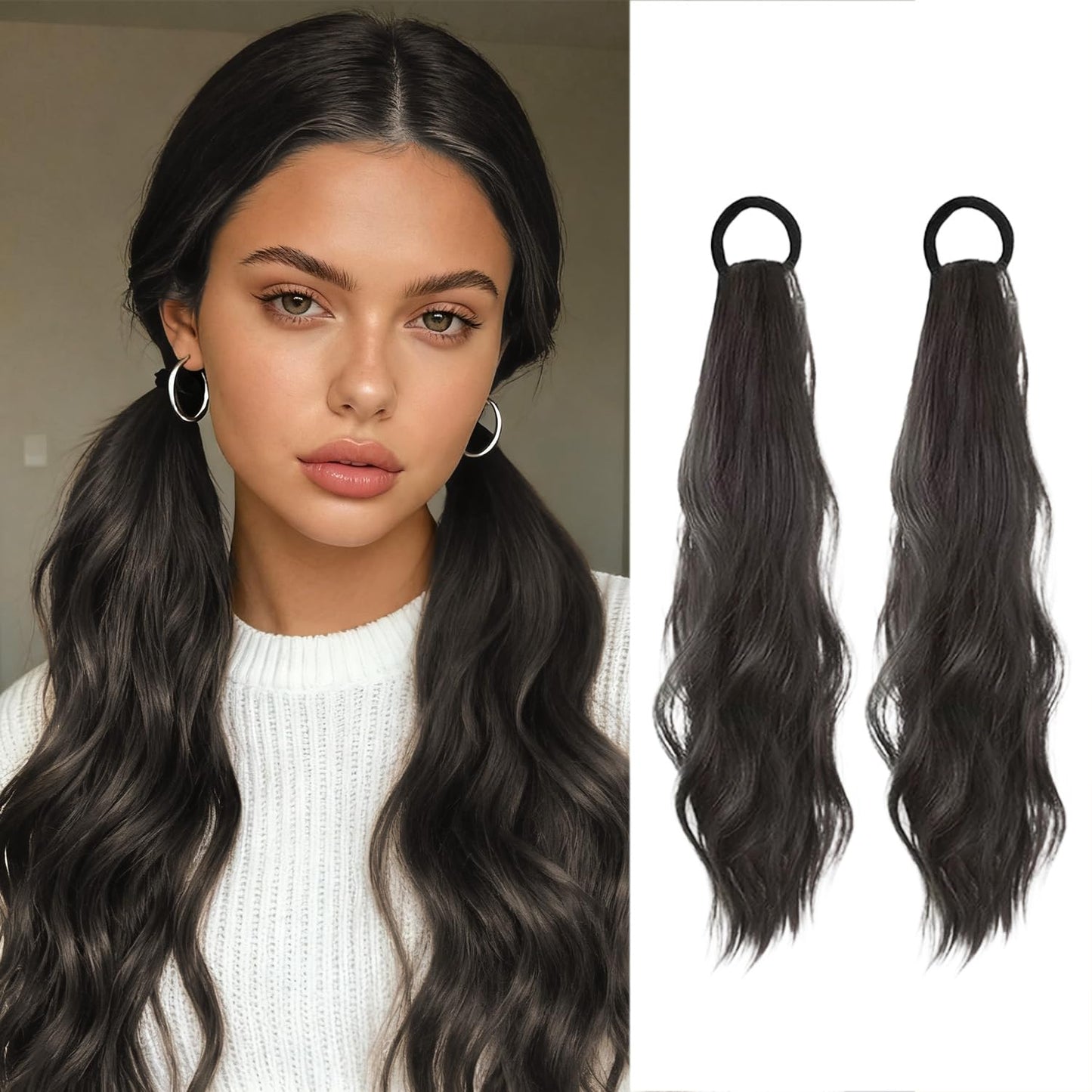 2PCS Curly Ponytail Extension with Hair Tie Hair Natural Wig Elastic Band Wave Fake Ponytail Wigs Accessories for Women Daily 17 Inch
