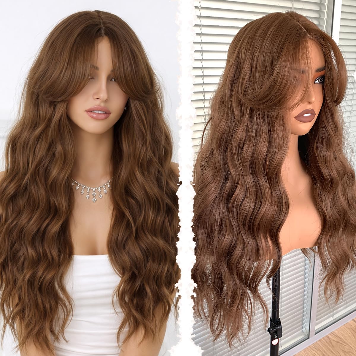 XC CLOUDS Synthetic 28 inch body wave wigs with curtain Bangs, 4 * 2 hand Tied Forehead Simulated Lace Scalp,Natural Wavy Synthetic Heat Resistant hair middle part wigs,Daily Cosplay Friendly