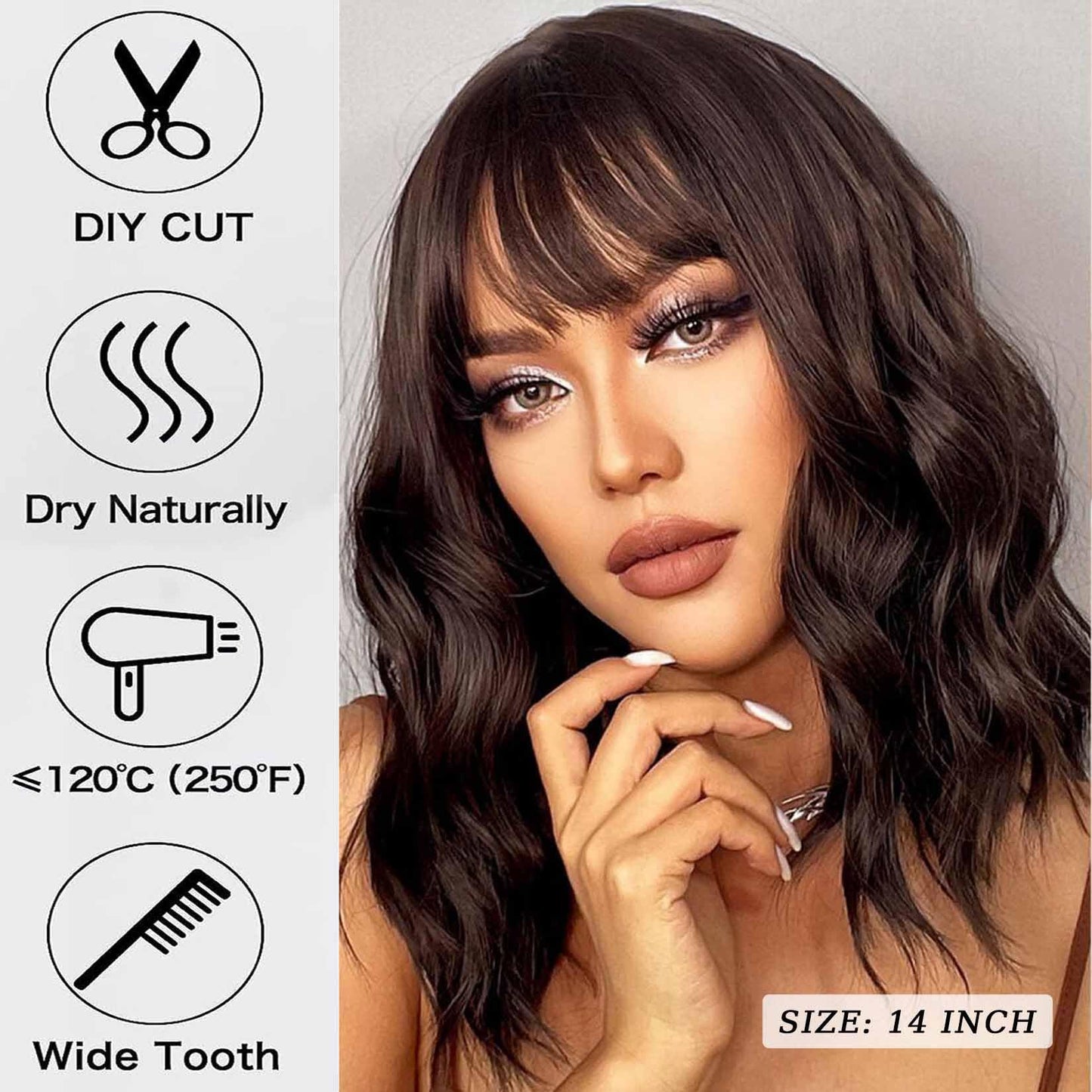 Black Wavy Wigs with Bangs Soft Short Bob Wigs for Women Synthetic Shoulder Length Women's Curly Wigs for Halloween Costumes Cosplay Daily