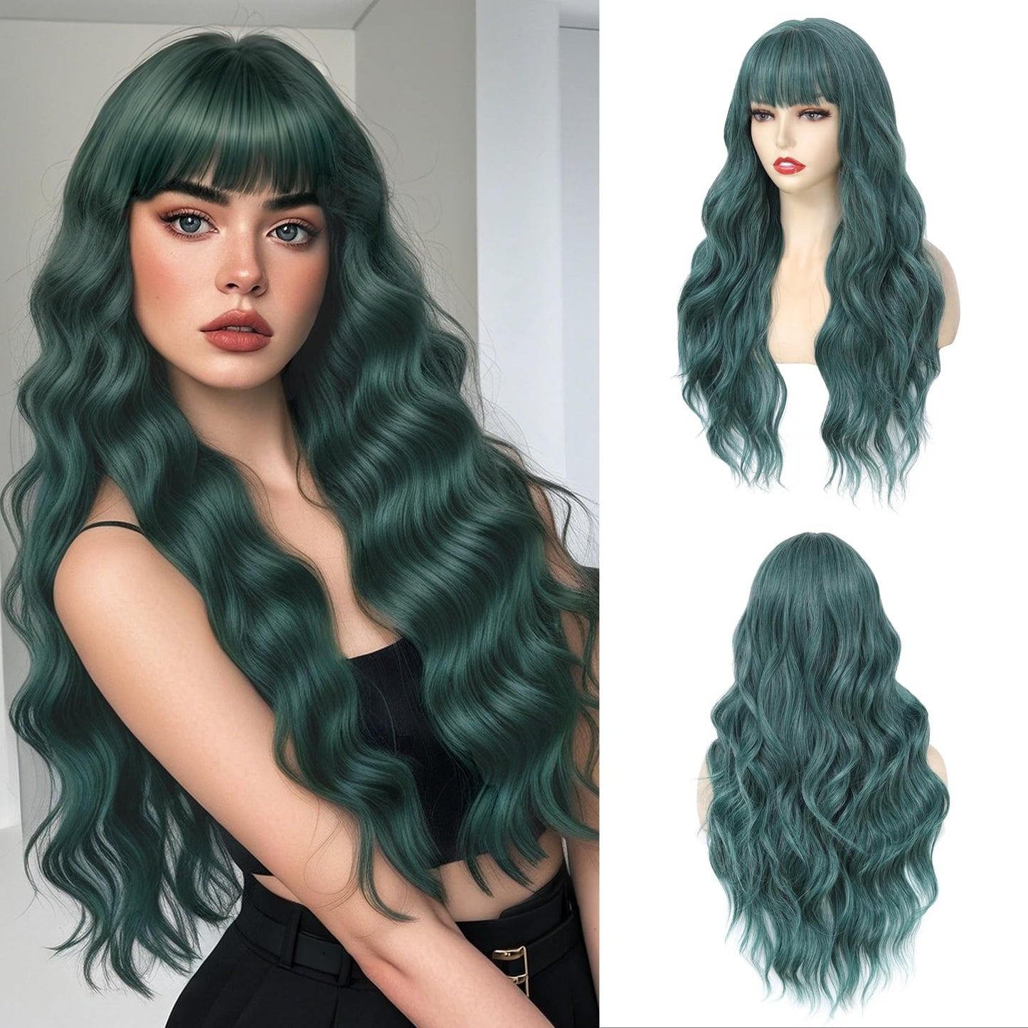 Wig With Bangs Long Wavy Curly Wig with Synthetic Heat Resistant Wigs for Women Daily Party Use