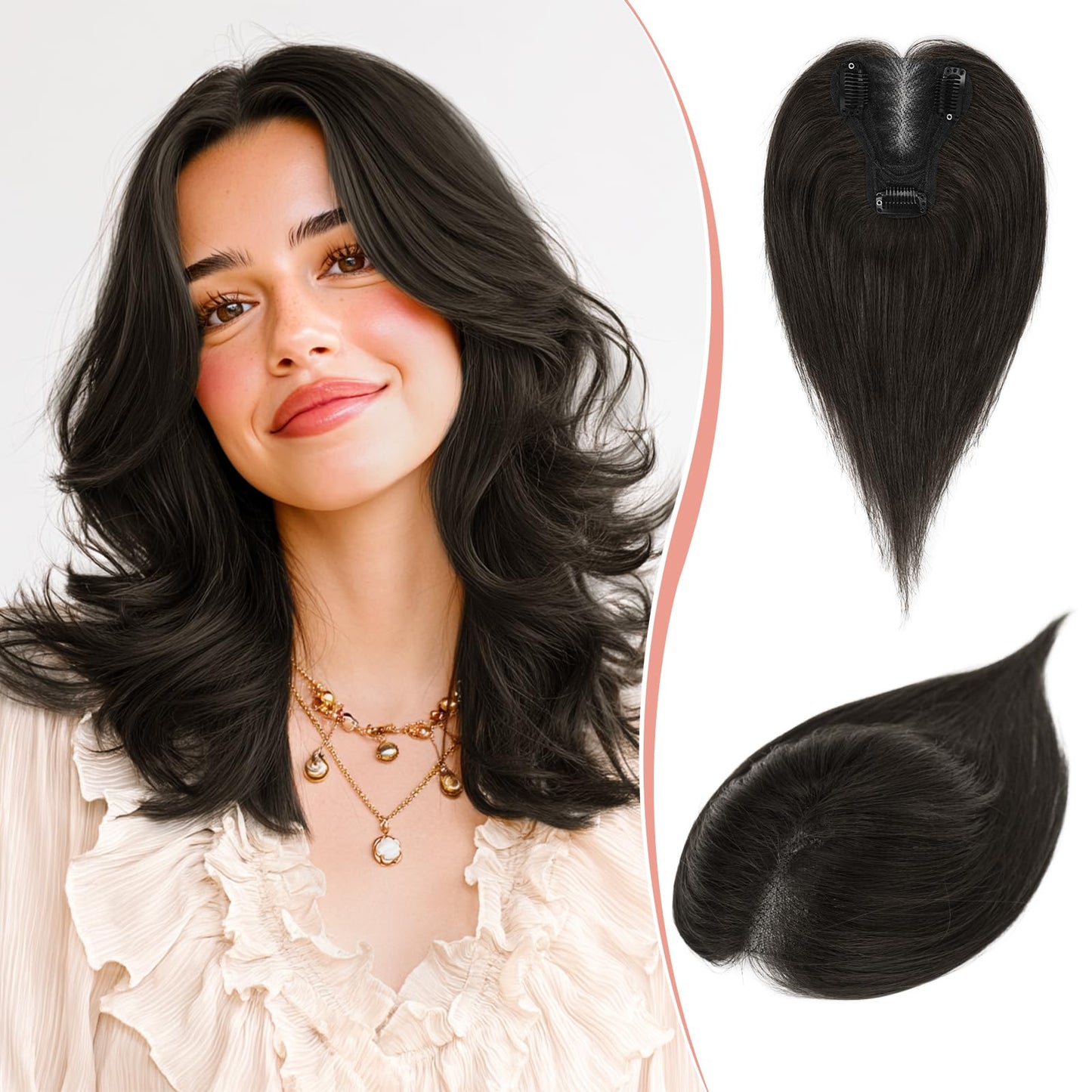 Hair Toppers for Women Real Human Hair Lightweight Clip in Hair Piece for Thinning Hair Fluffy Straight Hair Topper,