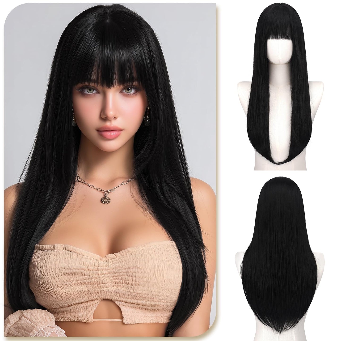 Wig with Bangs, 24 Inch Long Straight Wigs for Women, Heat-Resistant Synthetic Fibre Wigs for Daily Commuting Dates Holidays Cosplay