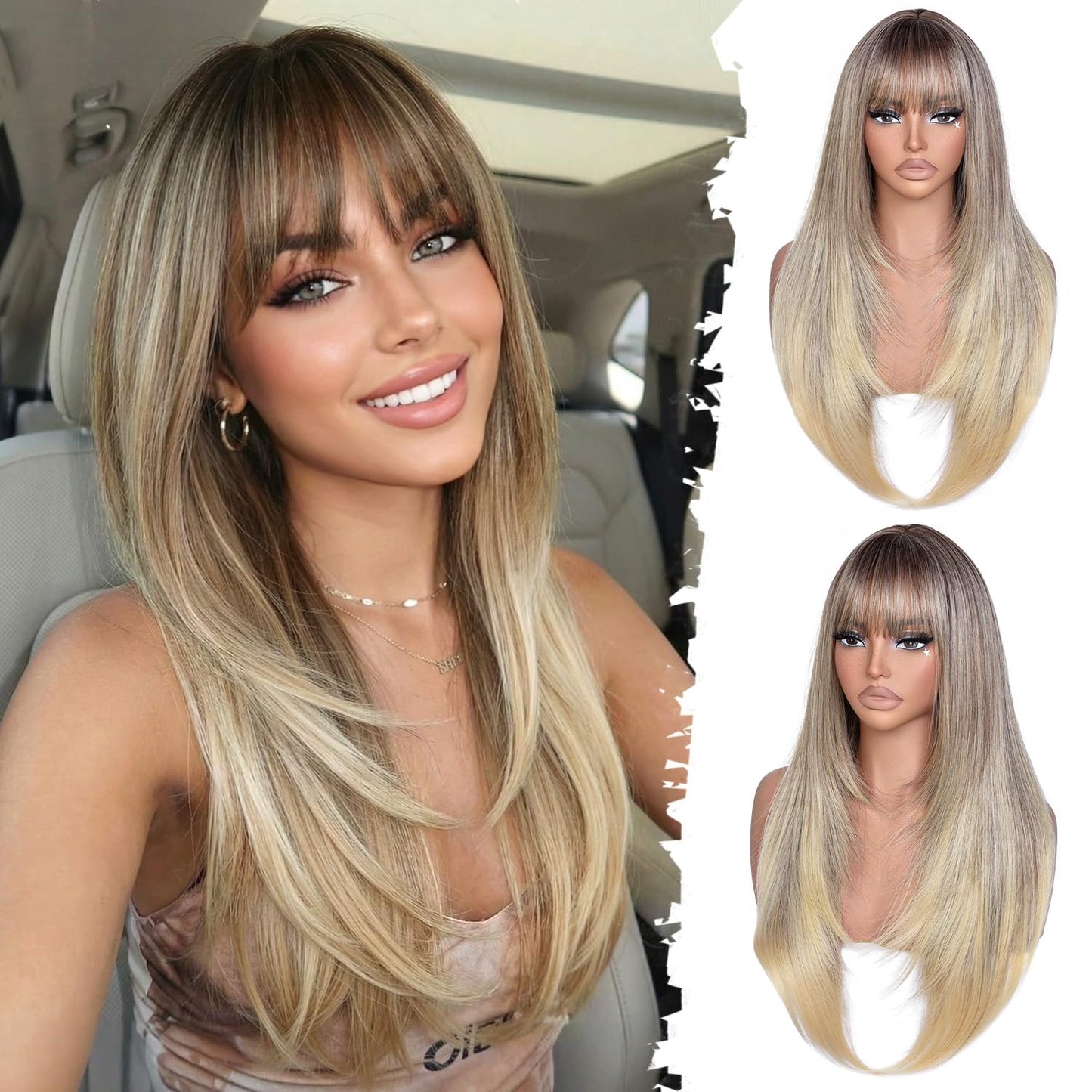 Long Layered Wig with Bangs for Women Synthetic Heat Resistant Realistic Scalp Free Parting Bang Wigs for Daily and Party Use