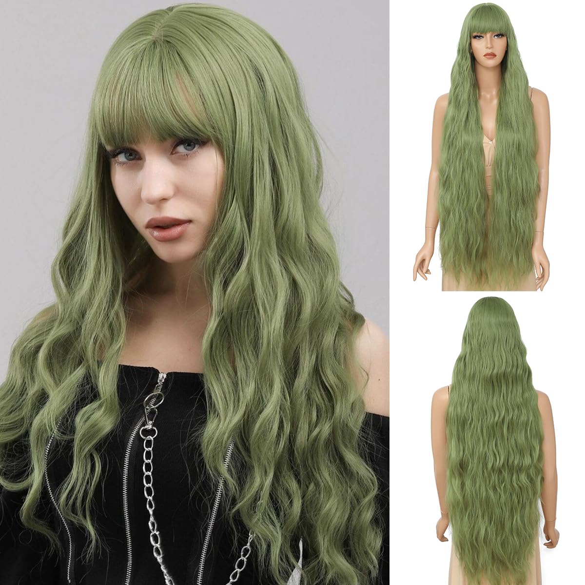XC CLOUDS Long Wavy Wig with Bangs for Women,Wig Long Bangs Wig,Natural Looking Synthetic Heat Resistant Hair
