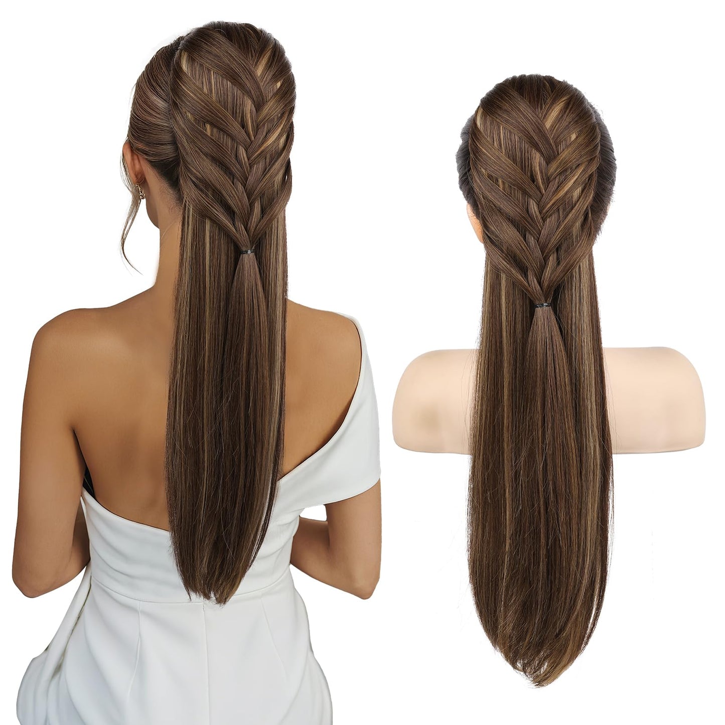 Ponytail Extension, 20 Inch Long Braid Drawstring Clip in on Ponytail Hair Extensions Synthetic Hairpiece for Women