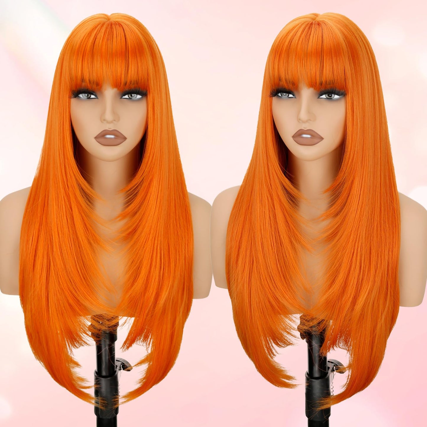 Long Straight Layered Wig with Bangs for Women