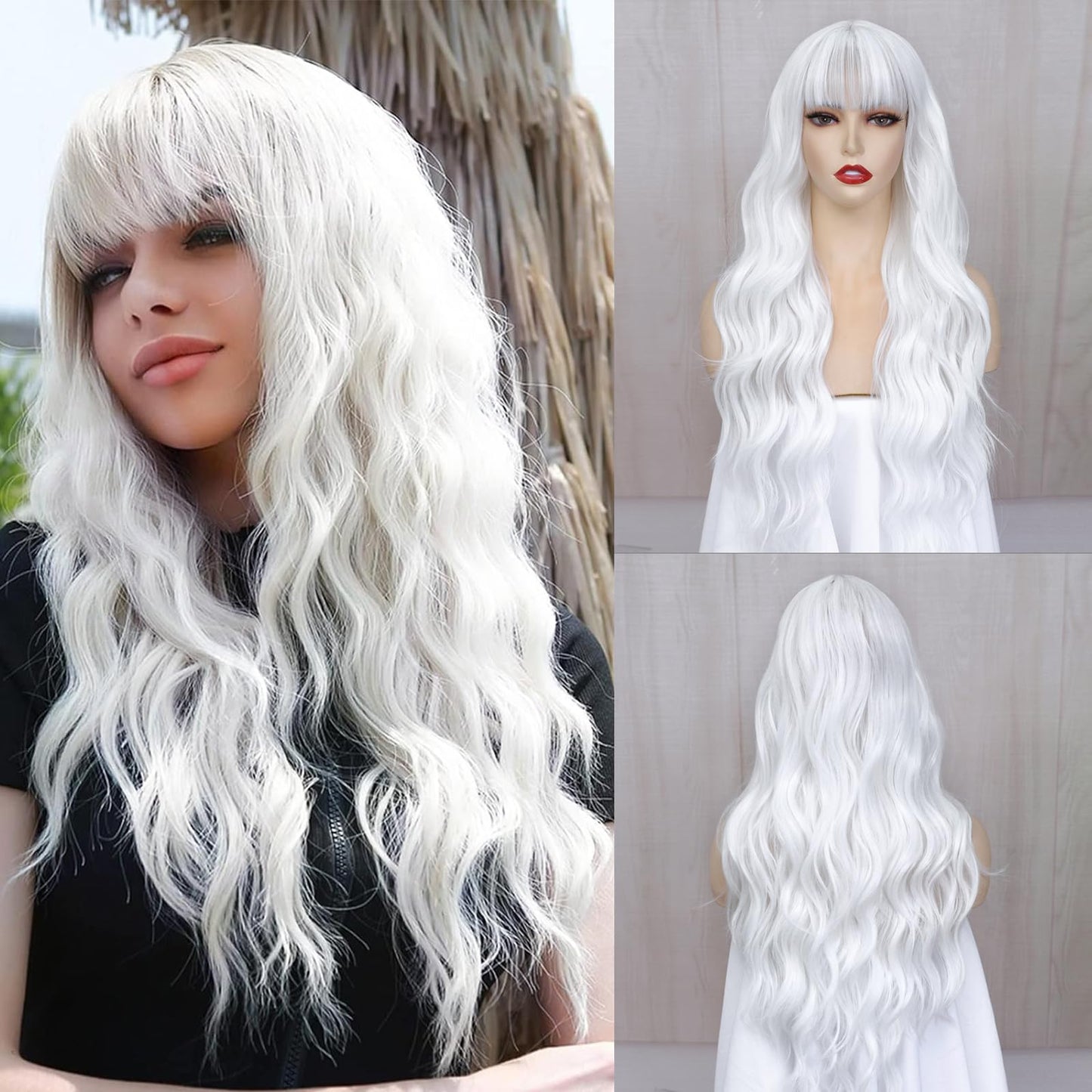 Wig With Bangs Long Wavy Curly Wig with Synthetic Heat Resistant Wigs for Women Daily Party Use