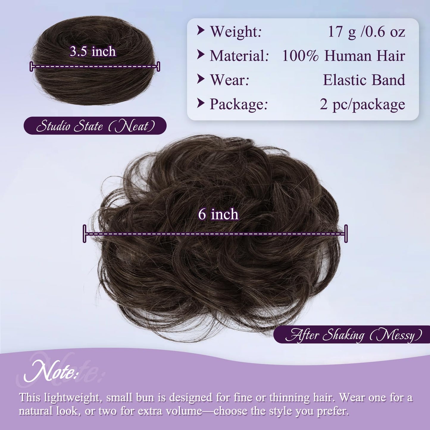 Small Messy Bun Hair PieceHair, One Hairpiece Two Styles Mini Natural Looking Scrunchies Updo for Daily, Hair Buns for Women Ponytail (2PCS, Dark Brown with 15% Dark Cocoa Blonde)