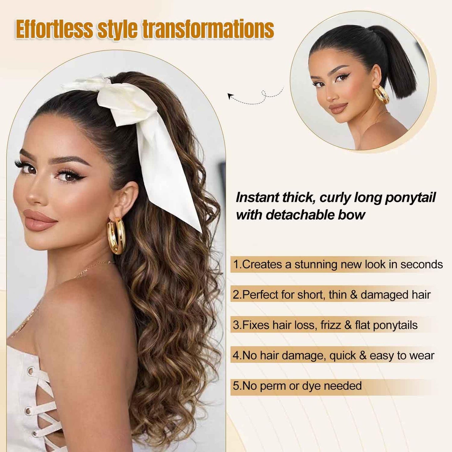 24 Inch Claw Clip in Ponytail Extension with 2 Pcs Hair Bows