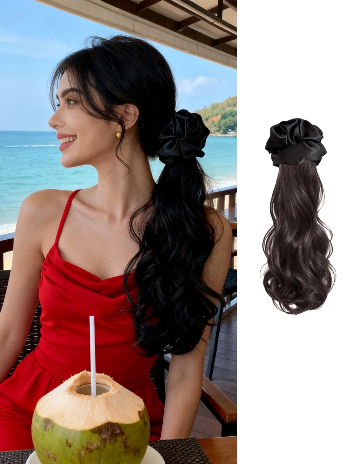 15 Inch Long Ponytail Extension with Scrunchie Non-Slip Fluffy Soft Synthetic Claw Clip Ponytail Hairpiece for Women Vacation Date Christmas Party Cosplay Concert Wedding