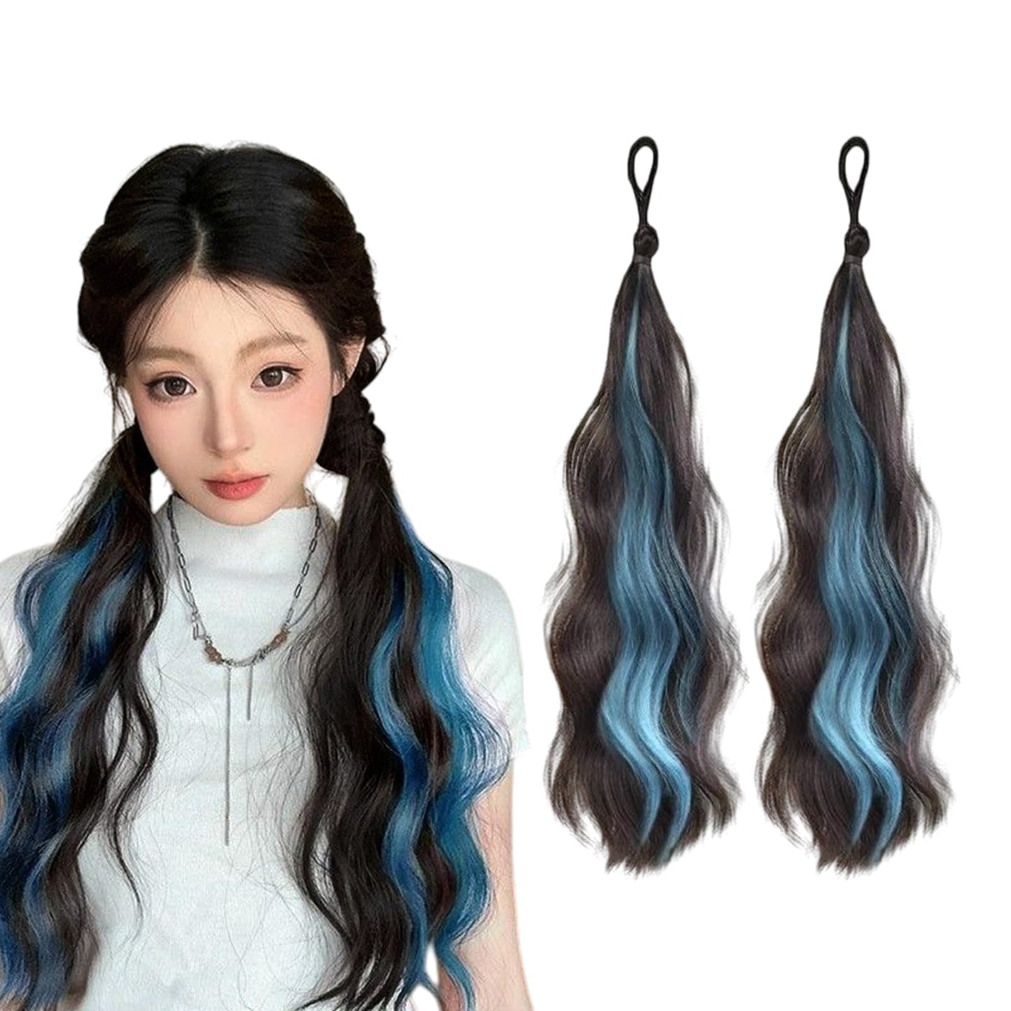2Pcs Hair Ponytails Hairpieces Ponytail Extension with Color Hair Ties fluffy wigs braids for Women Daily Dance party Christmas Wear