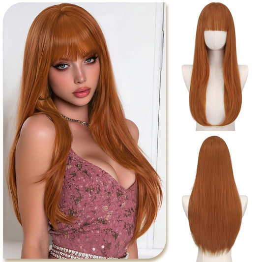 Wig with Bangs, 24 Inch Long Straight Wigs for Women, Heat-Resistant Synthetic Fibre Wigs for Daily Commuting Dates Holidays Cosplay