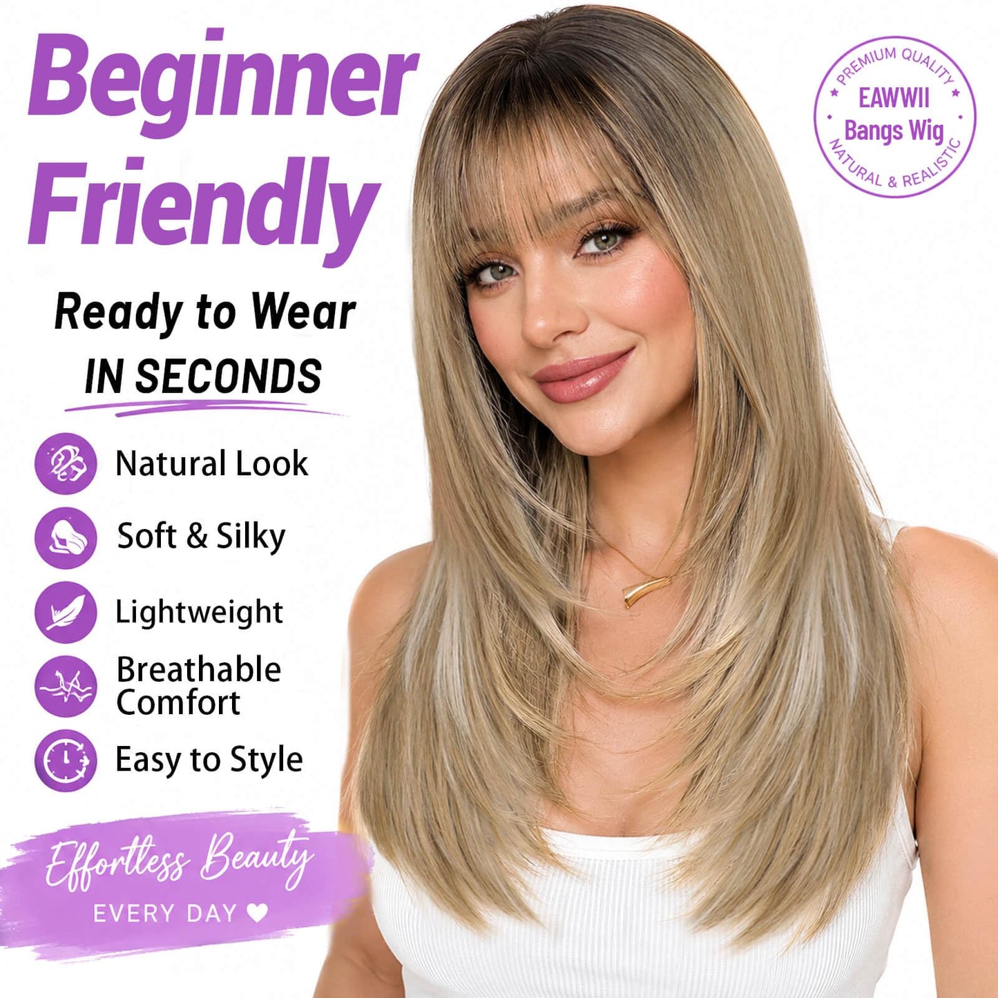 Beginner-Friendly Wig with Bangs for Women Ash Blonde Mix Platinum Highlights Straight Face-Framing Layers Hairstyle 4x4 Realistic Scalp Glueless Synthetic Wigs Medium Length for Everyday Use