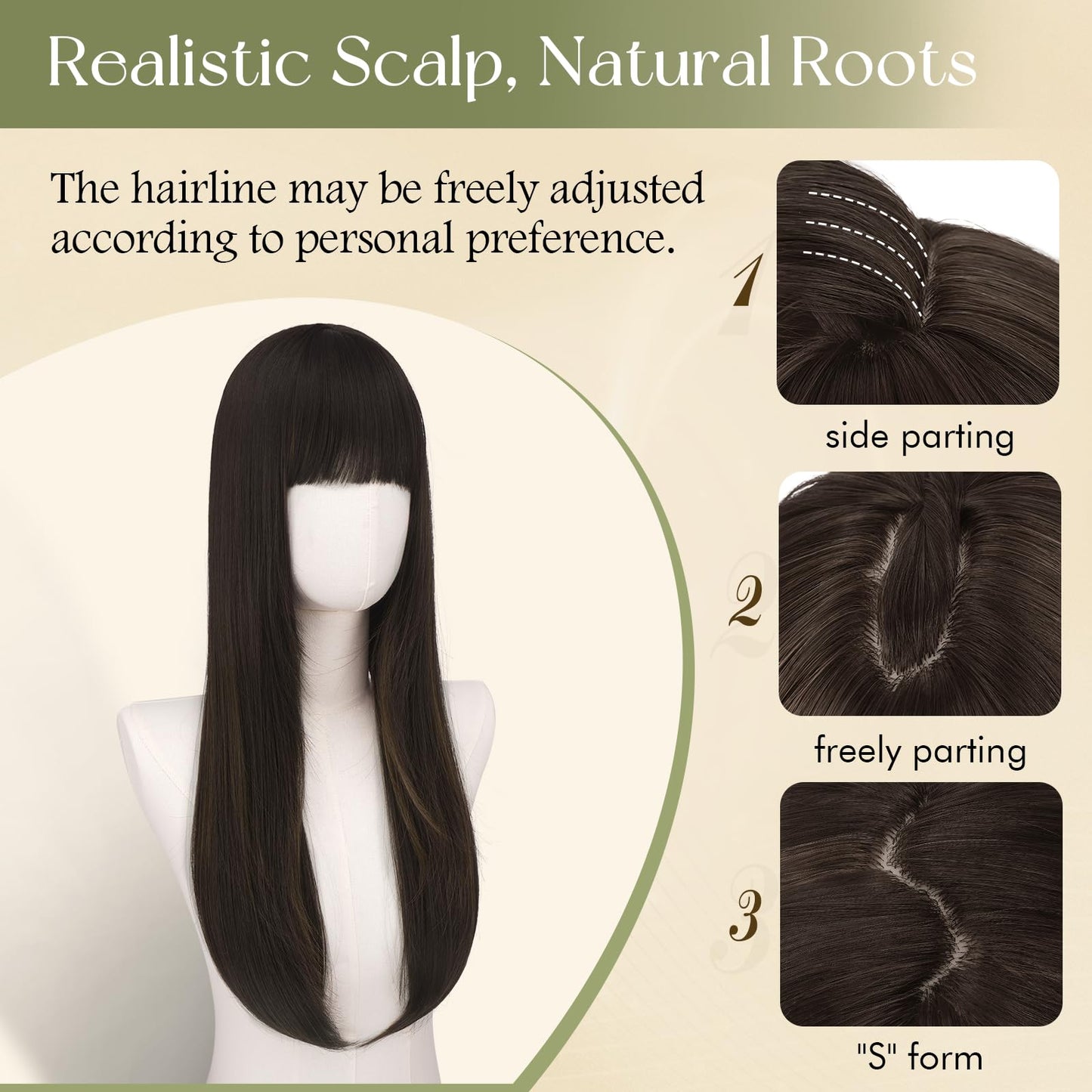 Wig with Bangs, 24 Inch Long Straight Wigs for Women, Heat-Resistant Synthetic Fibre Wigs for Daily Commuting Dates Holidays Cosplay