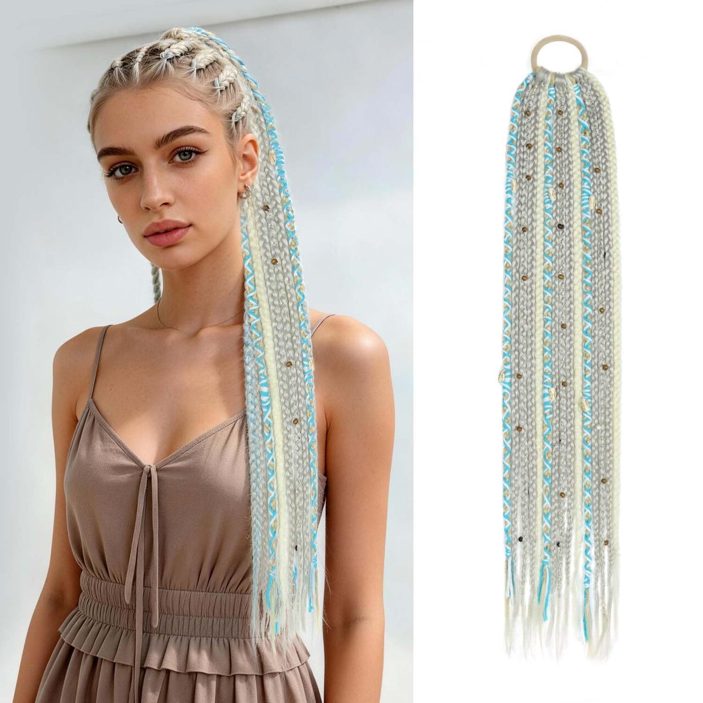 24" Boho Braided Ponytail Extension with Hair Ties, Hand-braided fashionable Long Viking Dreadlock Beads Ponytail Synthetic Hairpiece