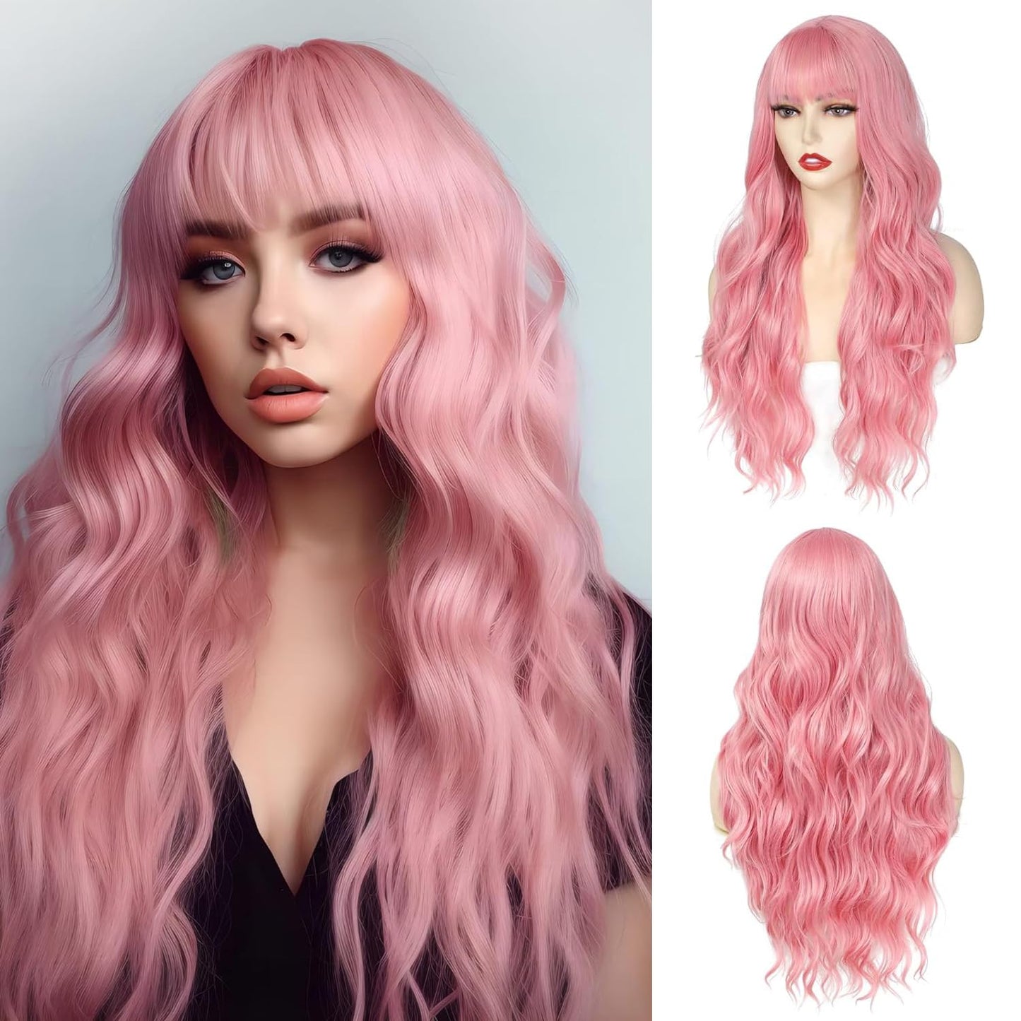 Wig With Bangs Long Wavy Curly Wig with Synthetic Heat Resistant Wigs for Women Daily Party Use
