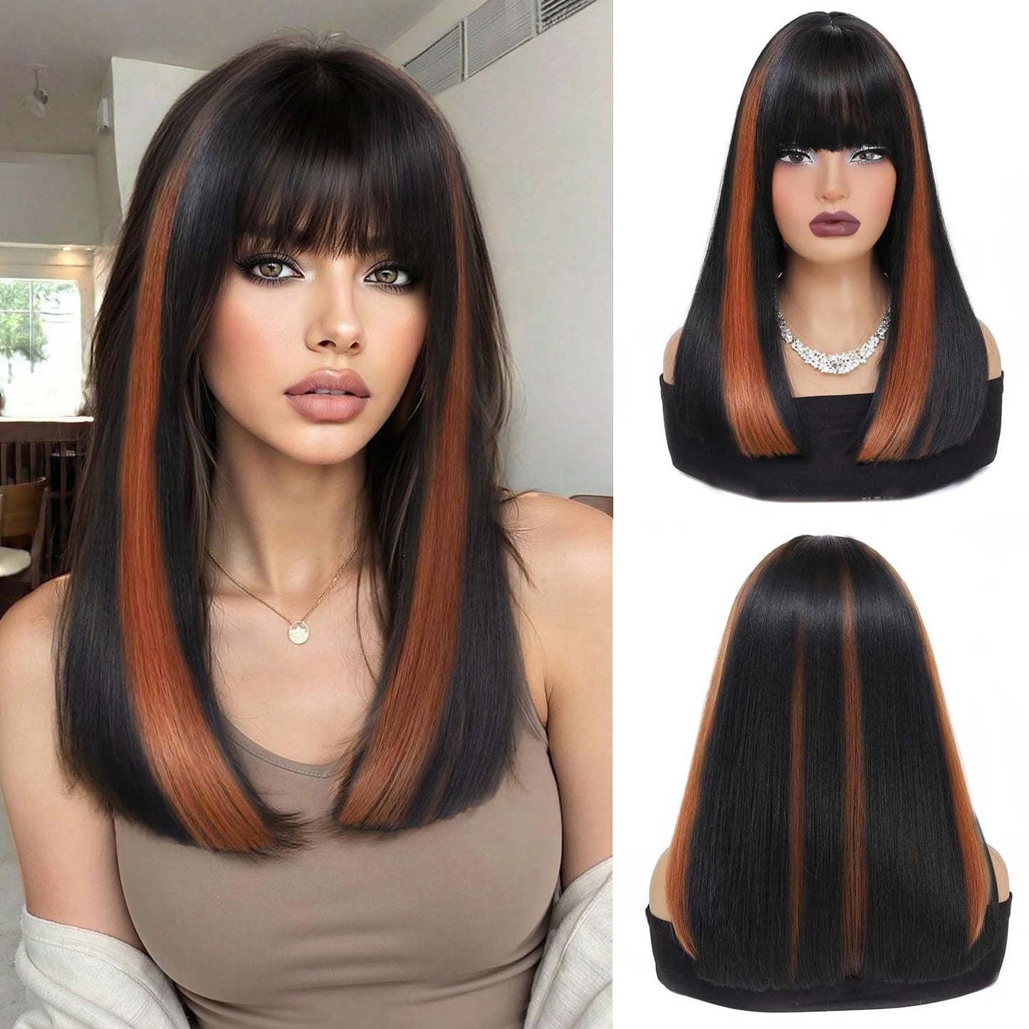 XCHJH Bob Wig with Bangs Short Straight Wigs for Women Shoulder Length Bob Wigs Heat Resistant Fiber Synthetic Hair Natural Looking Hair Replacement Wigs