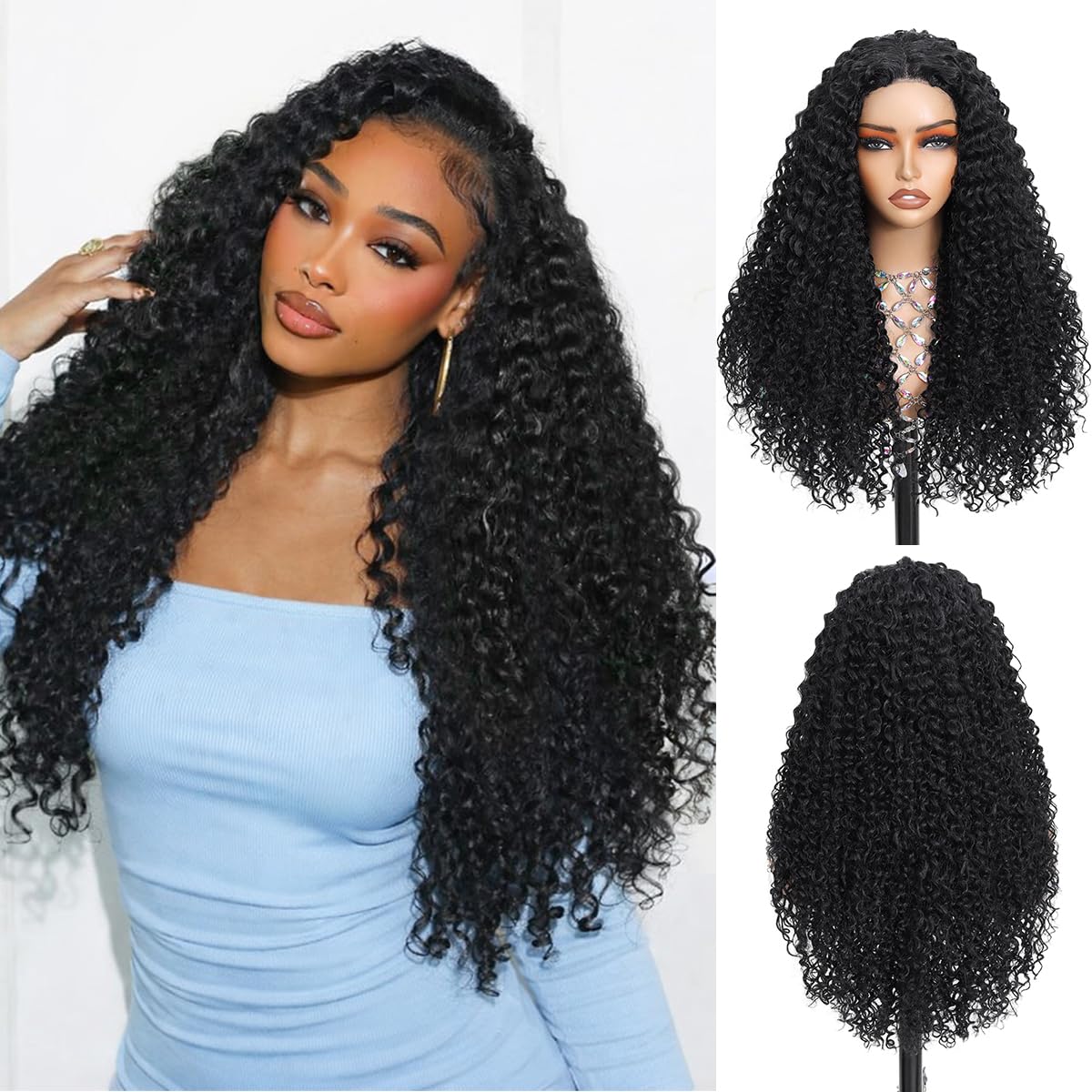 Glueless Curly Wig Synthetic Lace Front Wig 4x1 Middle Part Lace Wig Upgraded with Human Hair Like Fiber Wigs for Women