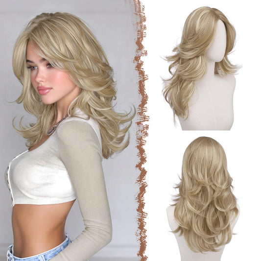 Wavy Layered Wig with Curtain Bangs for Women, 22 Inch Long Synthetic Natural Looking Middle Part Hair Wig For Costume Party Daily Use