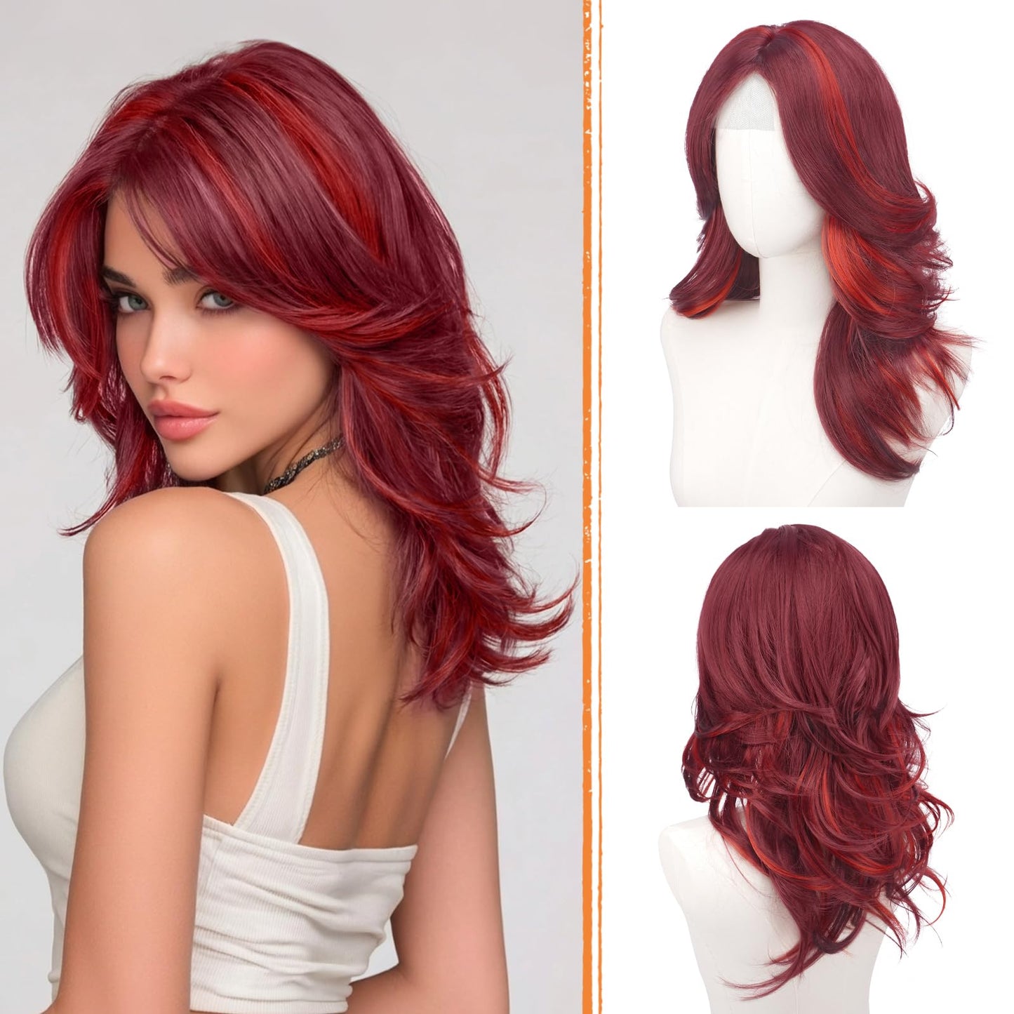Layered Wigs with Curtain Bangs Lace Front Hairline Long Wavy Natural Looking Middle Part Synthetic Hair Wig for Women Daily Party Costume, 20 Inch