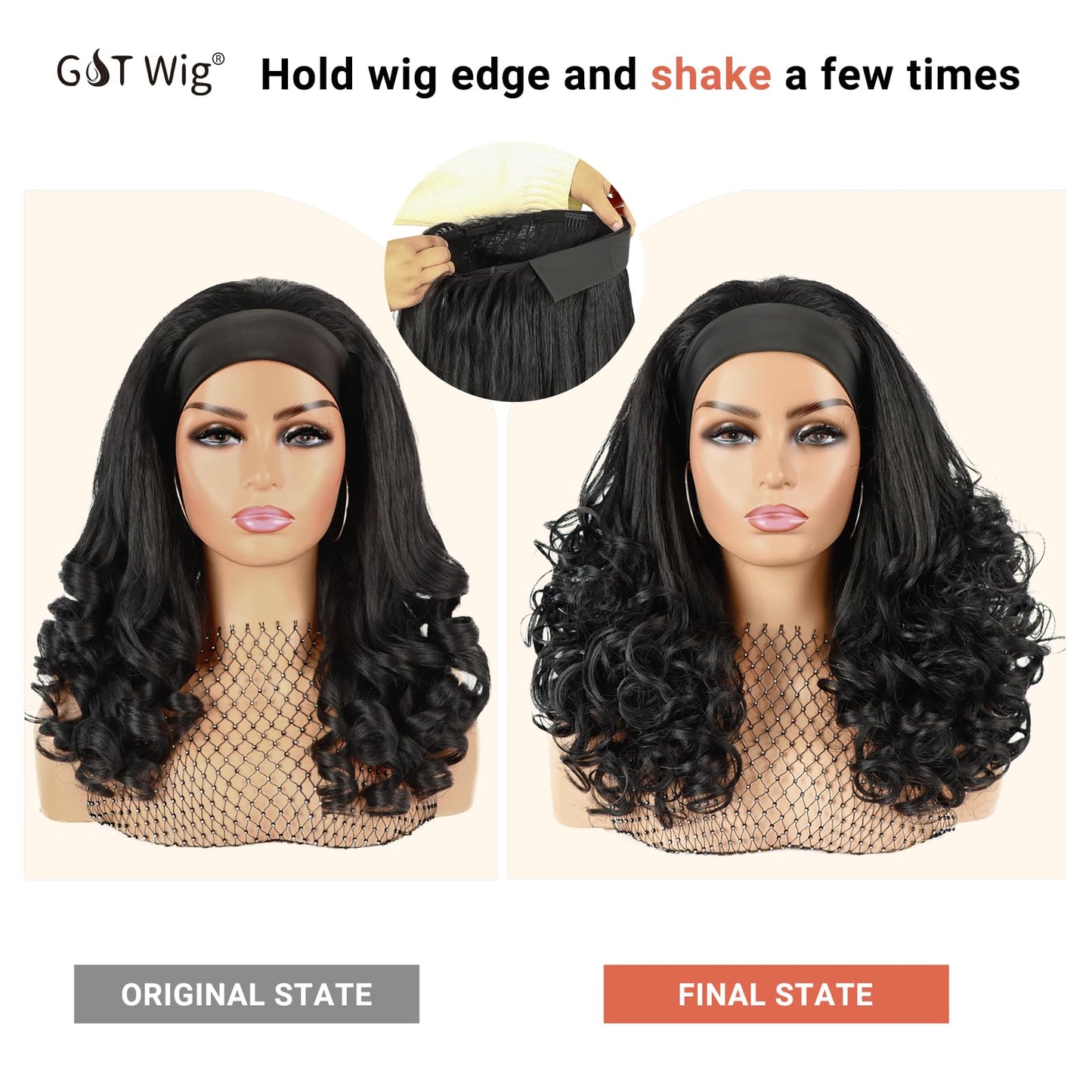 Wig Yaki Curly Headband Wigs for Black Women Kinky Straight Curly Headband Wigs Synthetic Wear and Go Glueless Half Wig for Daily Use (Black, 16inch)