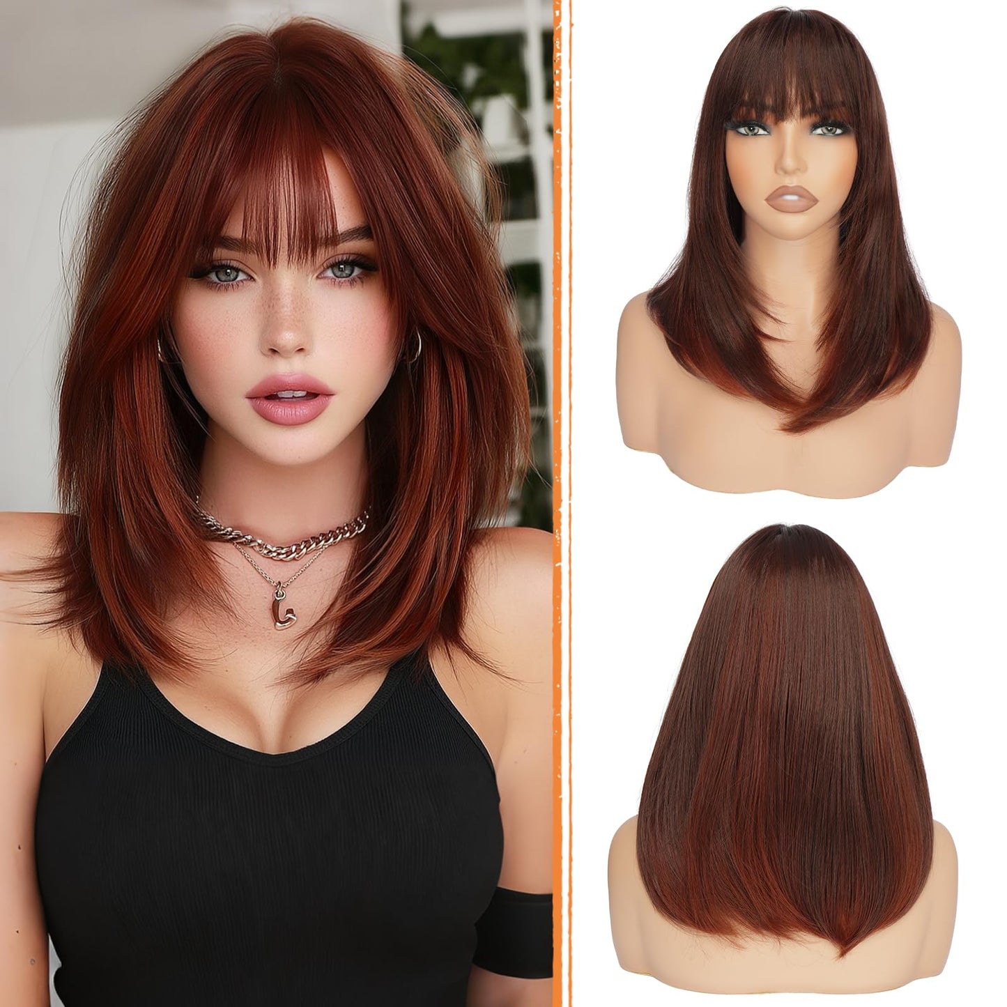 Bob Wigs with Bangs Shoulder Length Straight Natural Looking Synthetic Heat Resistant Medium Hair Wigs for Women Daily Party, 16 Inch