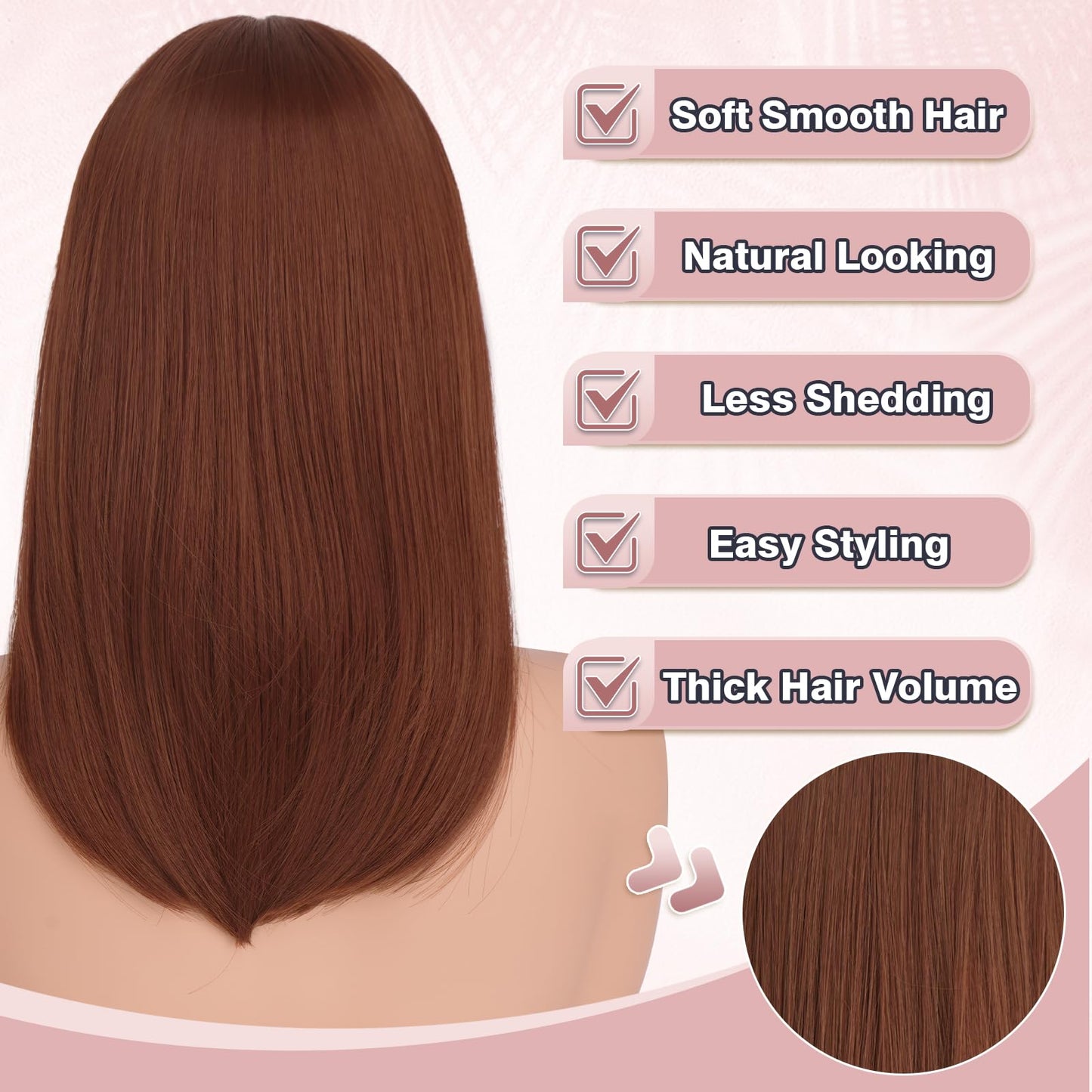 Bob Wigs with Bangs Shoulder Length Straight Natural Looking Synthetic Heat Resistant Medium Hair Wigs for Women Daily Party, 16 Inch