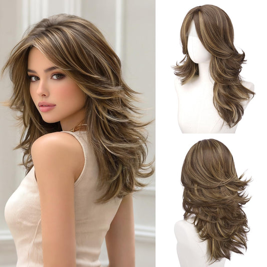 Layered Wigs with Curtain Bangs Lace Front Hairline Long Wavy Natural Looking Middle Part Synthetic Hair Wig for Women Daily Party Costume, 20 Inch