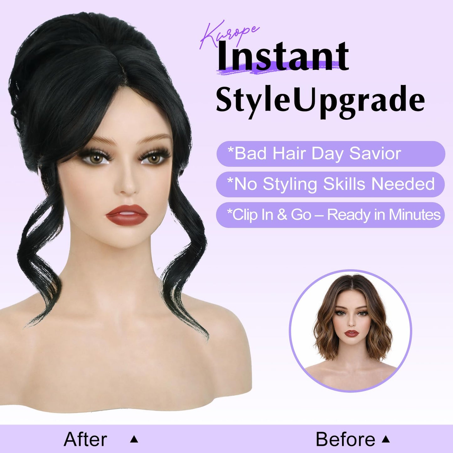 2-in-1 Messy Bun with Bangs Drawstring Ponytail Extension, Curly Updo Wig & Hair Topper with Lace Side Bangs, Lightweight Natural-Looking Hair Bun Hairpiece for Women