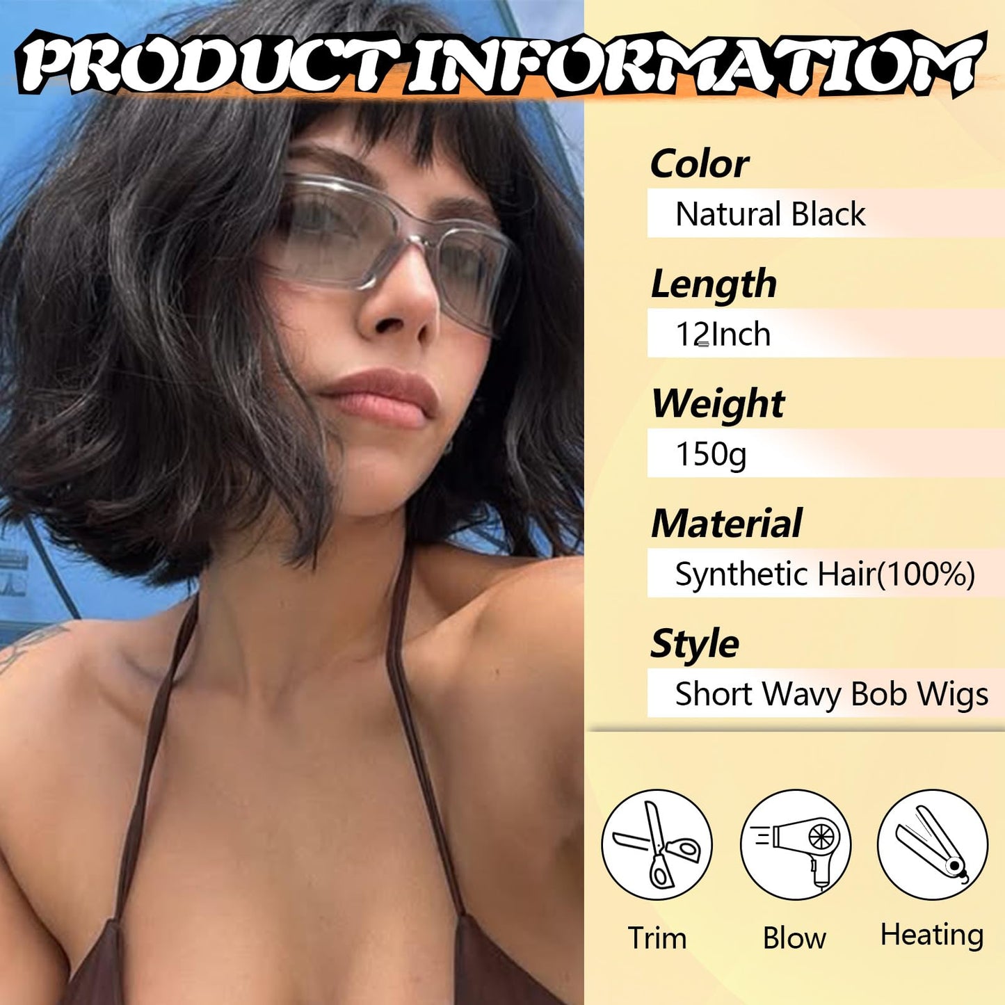 12inch Natural Wave Wavy Bob Wigs with Bangs Black Blue Light Blue Brown Pink Wigs